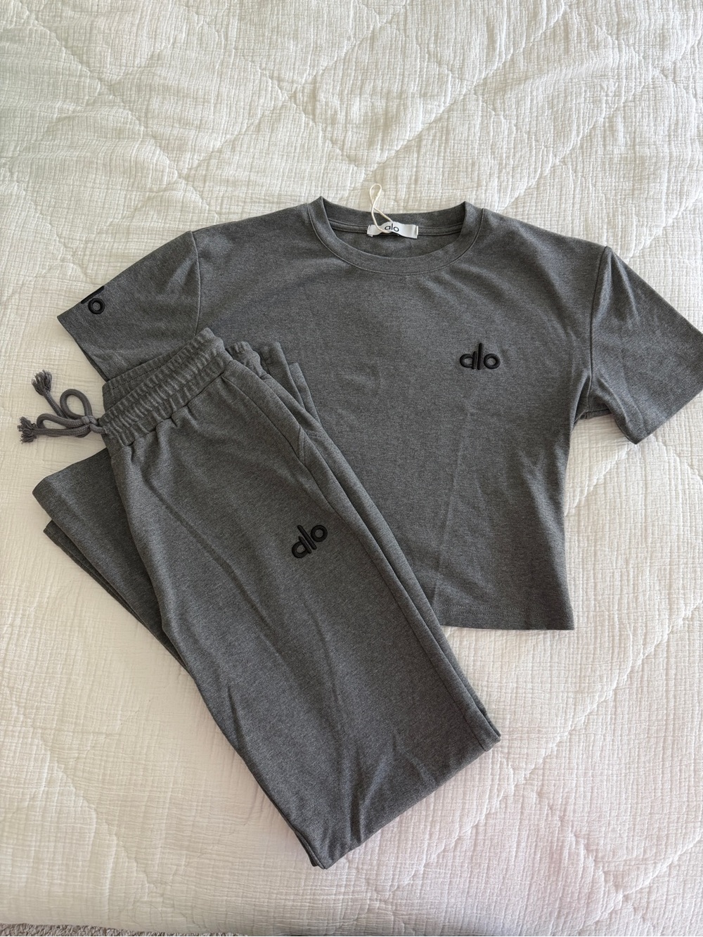 ALO Yoga Charcoal Gray Short-Sleeve Top and Yoga Pant Set